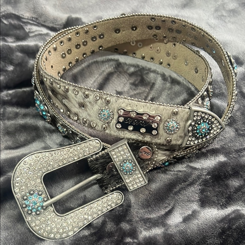 Silver and Blue Studded Belt with Ornate Buckle